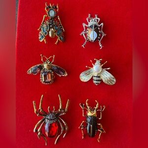 American Vintage Insect Brooch Set in Gold Tone with Red, Blue, Pearl Accents